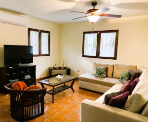 a living room with a couch and a tv at Sueños de Amor! Hermoso y Acogedor lugar in Quepos