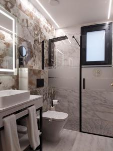 a bathroom with a toilet and a sink and a shower at HOTEL BOUTIQUE DOÑA MANUELA in Tomelloso