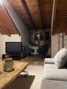 a living room with a couch and a flat screen tv at Tzovolos Apartments in Kalavrita