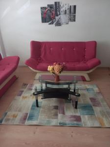 a living room with a red couch and a coffee table at EKONOMİ ÜNİVERSİTESİNE 5 Dk. 2+1 EŞYALI DAİRE in Balcova