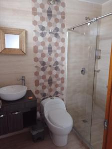 a bathroom with a toilet and a sink and a shower at Hotel Med Suites 94 in Barranquilla