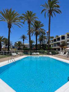 una piscina con palmeras en el fondo en San Agustin,close to the Beach with pool !, en San Bartolomé