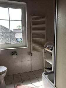 a bathroom with a toilet and a window at Pension Martens - Lotte in Wieck