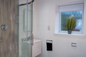 ein Bad mit einer Dusche und ein Fenster mit einer Topfpflanze in der Unterkunft Central 2 bedroom luxury home close to River Ness in Inverness