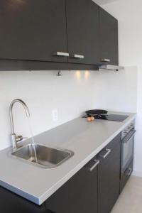 a kitchen with a stainless steel sink and black cabinets at Luces de la Paloma in La Paloma