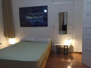 1 dormitorio con cama, espejo y puerta en La casa de Isabel y Juan, Zona Colonial, en Santo Domingo