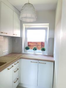 una cocina con armarios blancos y una ventana con macetas. en Relax Nyaraló Dombori, en Fadd-Dombori