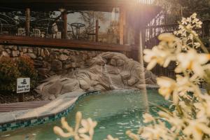 a fountain in the middle of a swimming pool at Panzi Lodge in Guernsey Nature Reserve