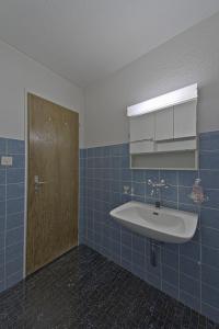 a bathroom with a sink and a wooden door at Allod Brattas - Sankt Moritz in St. Moritz