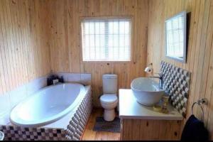 a bathroom with a tub and a toilet and a sink at Habibi Holiday Home in Marloth Park