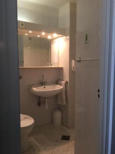 シオーフォクにあるHotel Európaのバスルーム(洗面台、トイレ、鏡付)