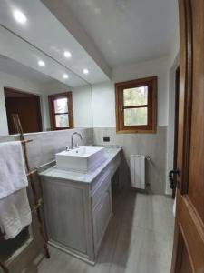 a bathroom with a sink and a large mirror at Casa privada amplia y tranquila, rodeada de naturaleza. in Lago Puelo