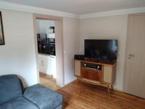 a living room with a couch and a flat screen tv at FeWo Wolfseiche in Jänkendorf