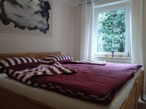 łóżko w sypialni z oknem w obiekcie FeWo Wolfseiche w mieście Jänkendorf