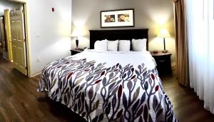 a hotel room with a bed with a black and white bedspread at Red Roof Inn & Suites Midland in Midland