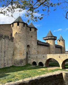 un gran castillo con dos torres y un puente en Le Rêve Bleu Appartement Hyper-centre en Carcassonne