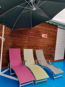 3 chaises sous un parasol à côté de la piscine dans l'établissement Habitations Amédée, à Bouillante