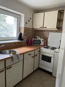 a kitchen with a white stove and a microwave at Ferienhaus Weniger in Bad Saarow