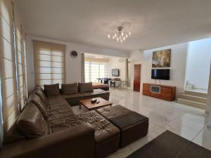 un soggiorno con divano marrone e TV di Villa Victoria a Larnaka