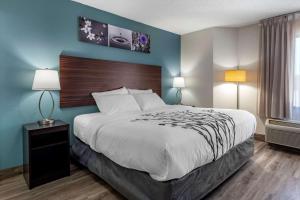 um quarto com uma cama grande e paredes azuis em Sleep Inn - Salisbury I-85 em Salisbury
