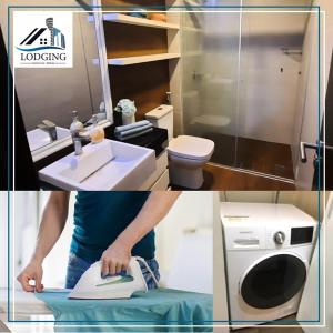 two pictures of a bathroom with a sink and a washing machine at Apto en Excelente Zona con Gym Sauna y Jacuzzi in Santa Cruz de la Sierra