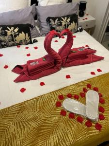 ein Bett mit roten Herzen und zwei schwänförmigen Handtüchern in der Unterkunft Love Room à Cannes - Appartement 25m2 pour 2 personnes avec un jacuzzi Privé in Cannes