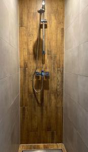 a shower in a bathroom with a wooden wall at Dom Wypoczynkowy Julia in Białka Tatrzańska