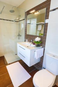 a bathroom with a sink and a toilet and a mirror at Résidence HIBISCUS 5 étoiles in Cayenne