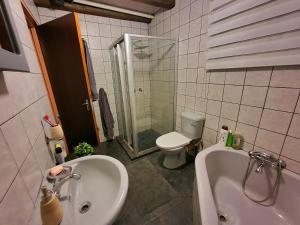 uma casa de banho com um lavatório, um WC e uma banheira em Carpe Diem em Marloth Park