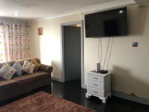 ein Wohnzimmer mit einem Sofa und einem TV an der Wand in der Unterkunft 2bed apt with 24hr Security* in Kingston