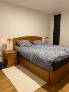 a bedroom with a bed with two blue pillows at Royal Skir apartment sea view in Tromsø