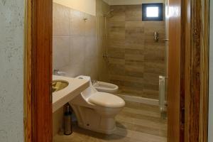 a bathroom with a toilet and a sink and a shower at Apartamentos Siete Cavas in Bahía Blanca