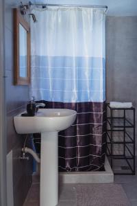 baño con lavabo y cortina de ducha en Country house 2 en Ktistádes