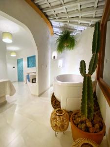a bathroom with a bath tub and a cactus at Pousada Ilha do Vento in São Miguel do Gostoso