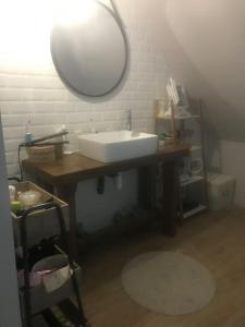 La salle de bains est pourvue d'un lavabo blanc et d'un miroir. dans l'établissement Belle longère - proche circuit 24h, à Roézé-sur-Sarthe