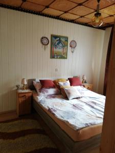 1 dormitorio con 1 cama grande con almohadas rojas en Apartament nad szumiącym potokiem en Wilkowice