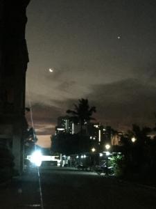 a city street at night with a palm tree and buildings at The Grayish Melaka in Melaka