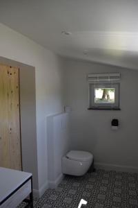 a white bathroom with a toilet and a window at Cosy Cott, een verborgen logeerplek in het landelijke Poeke. in Aalter