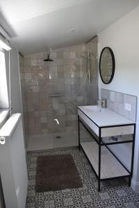 a bathroom with a shower and a sink and a mirror at Cosy Cott, een verborgen logeerplek in het landelijke Poeke. in Aalter