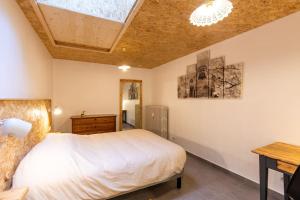 a bedroom with a bed and a ceiling with a skylight at Appartement confortable rénové proche centre-ville in Chambéry