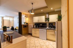a large kitchen with white cabinets and a table at Appartement confortable rénové proche centre-ville in Chambéry