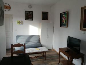 - un salon avec un canapé, une table et une télévision dans l'établissement S2 Studio à Courtenay proche commerces, à Courtenay