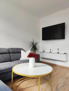 uma sala de estar com um sofá e uma mesa em Neu sanierte Wohnung mit Balkon und Stellplatz em Erfurt