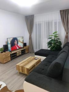 a living room with two couches and a flat screen tv at Breaza Comfort Apartment in Breaza