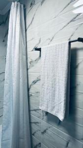 a white towel hanging on a towel rack in a bathroom at Nathallie Modern Apartments in Timişoara