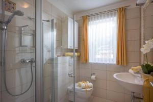 a bathroom with a shower and a toilet and a sink at Apart Blassnig in Maurach +16 photos