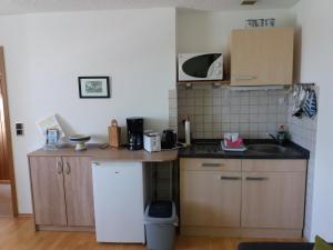 a small kitchen with a sink and a microwave at Kleine Fewo 2 in Jagdhaus