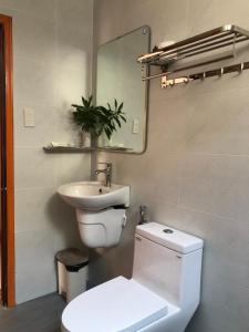 La salle de bains est pourvue de toilettes, d'un lavabo et d'un miroir. dans l'établissement Phu Quoc Kim - Bungalow On The Beach, à Duong Dong