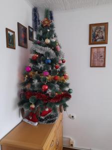 uma árvore de Natal está em cima de uma cómoda em Къща за гости Край реките em Apriltsi