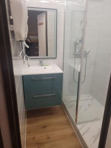 a bathroom with a sink and a shower with a mirror at Saint lary soulan village T2 Avec parking in Saint-Lary-Soulan